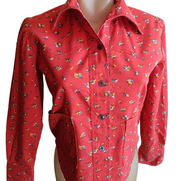 Women's 1OF1 Small Vintage Shirt Top Jacket 1970's Red Button-Up Floral Handmade - Picture 1 of 8